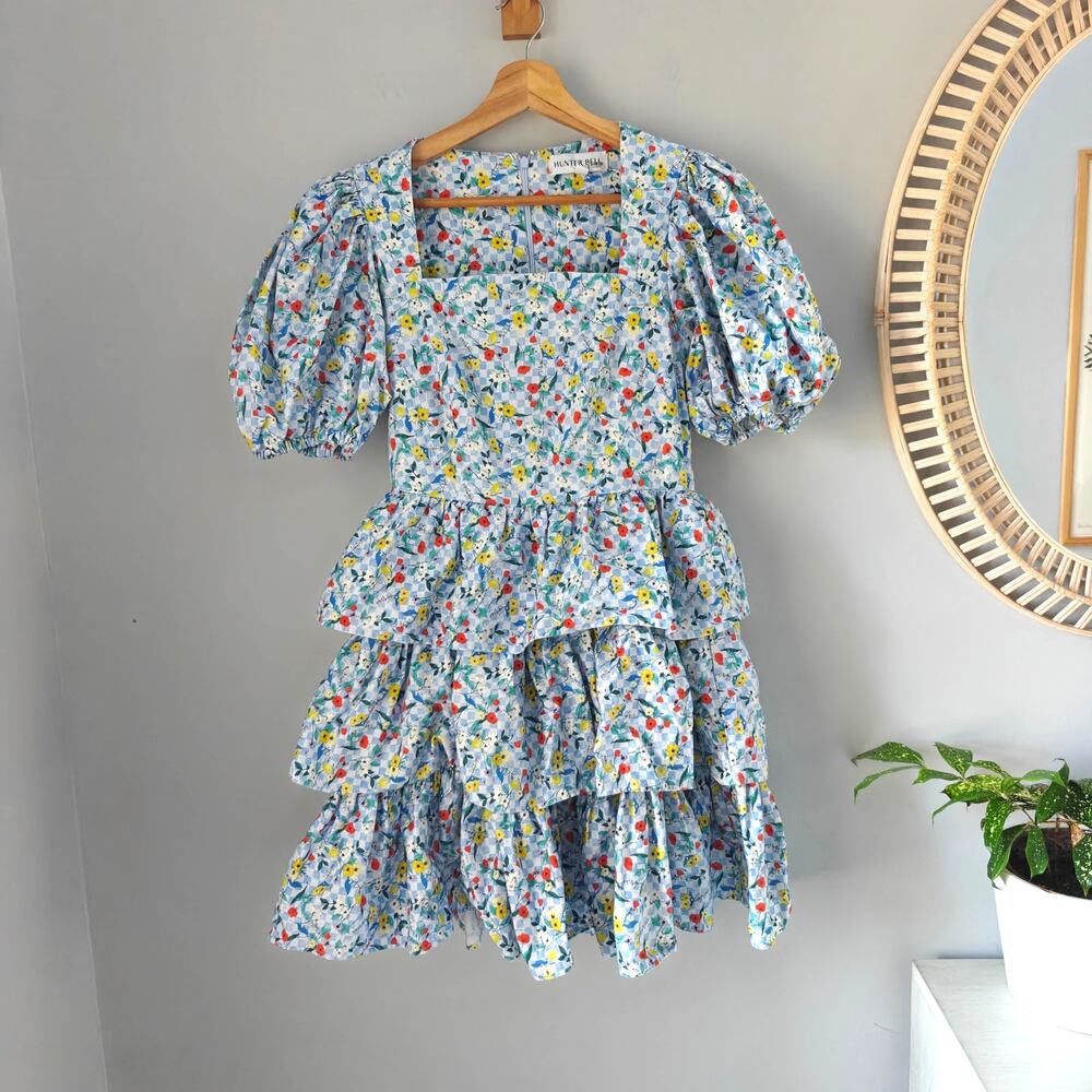 Hunter Bell Porter Wildflower Medley Floral Puff Sleeve Mini Dress White Blue 4